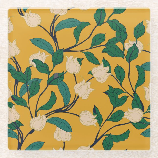 Floral Elegance: Vintage Leafy Pattern. Glass Coaster (Front)