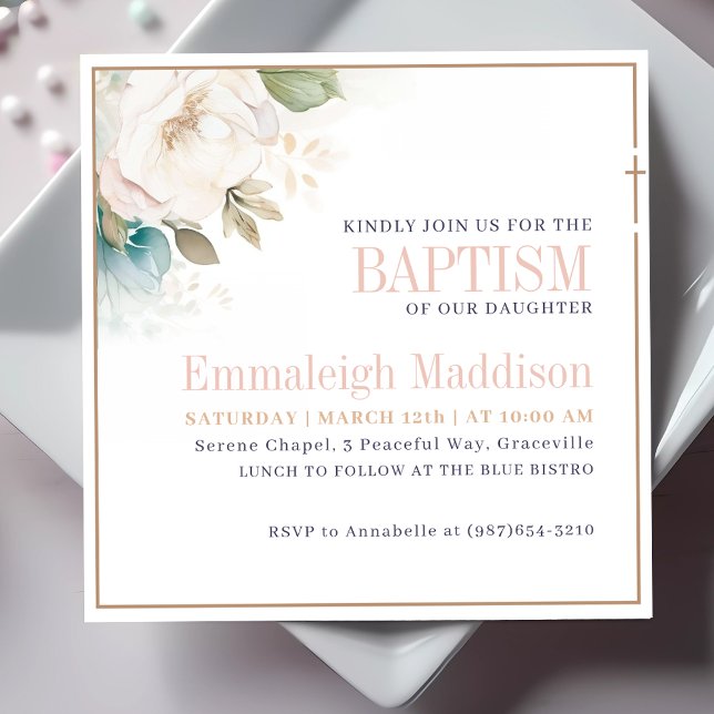Floral Elegance with Cross Baptism Invitation (Creator Uploaded)