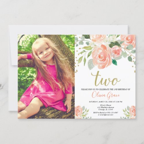 Floral elegant 2nd birthday girl peach coral invitation