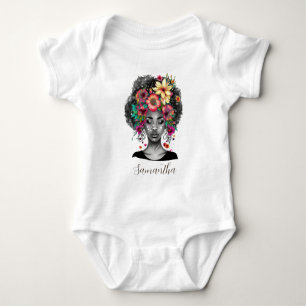 Floral Elegant Afro Woman Baby Bodysuit