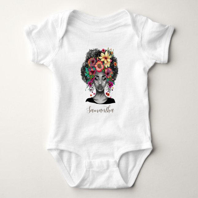 Floral Elegant Afro Woman Baby Bodysuit (Front)