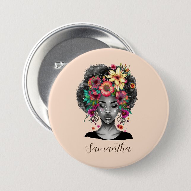 Floral Elegant Afro Woman Button (Front & Back)