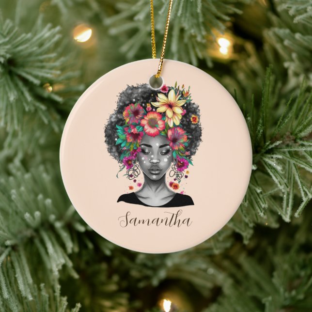 Floral Elegant Afro Woman Ceramic Ornament (Tree)