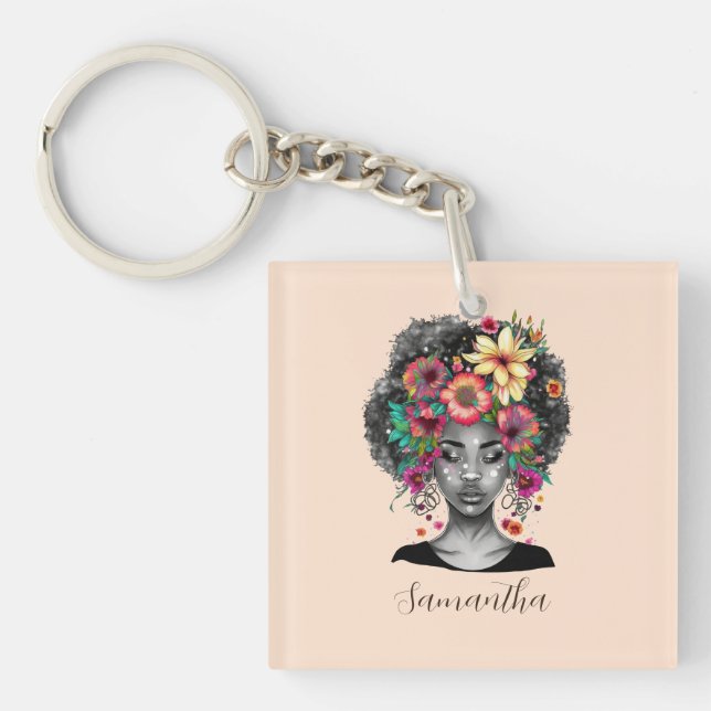 Floral Elegant Afro Woman Keychain (Front)