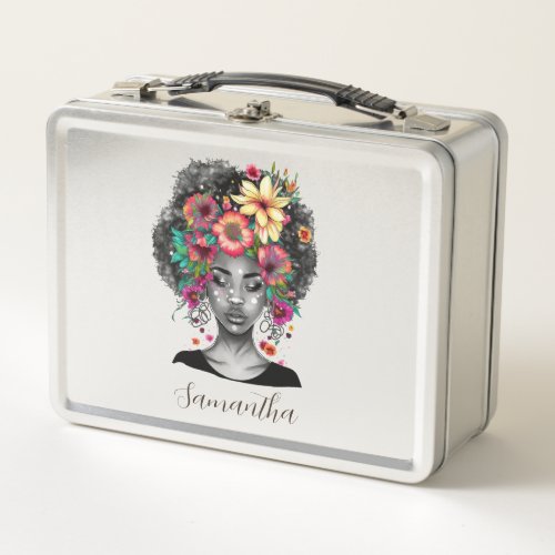 Floral Elegant Afro Woman Metal Lunch Box