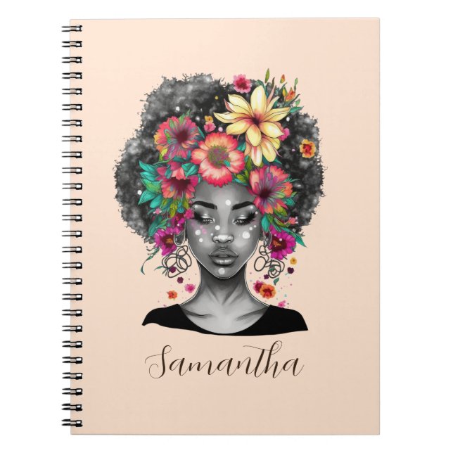 Floral Elegant Afro Woman Notebook (Front)