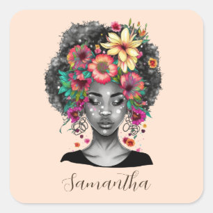 Floral Elegant Afro Woman Stone Magnet Square Sticker