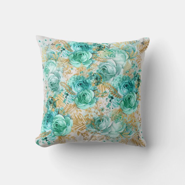 floral elegant aqua gold hampton coastal throw pillow (Front)
