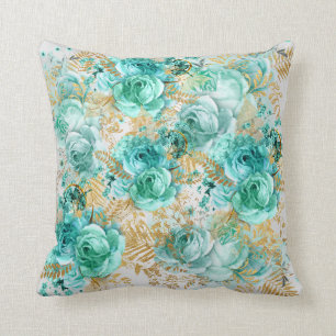floral elegant aqua gold hampton coastal throw pillow