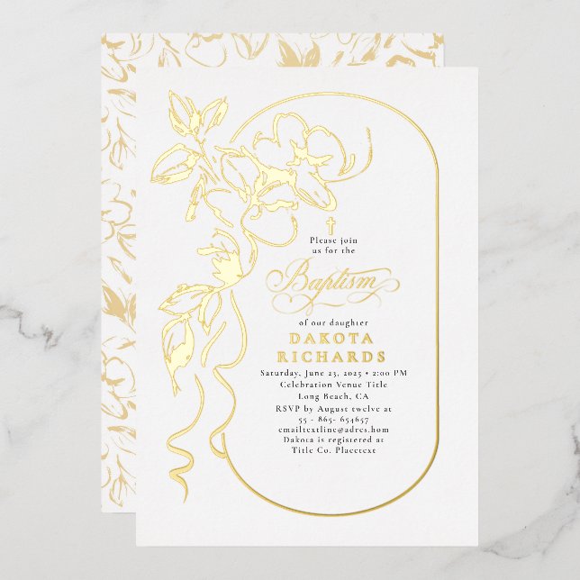 Floral Elegant Baptism Gold Foil Invitation (Front/Back)