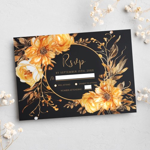 Floral Elegant Black Fall Wedding RSVP Card