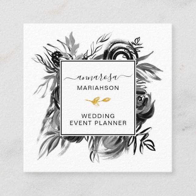 *~* Floral Elegant Black Watercolor Flower  Square Business Card (Front)