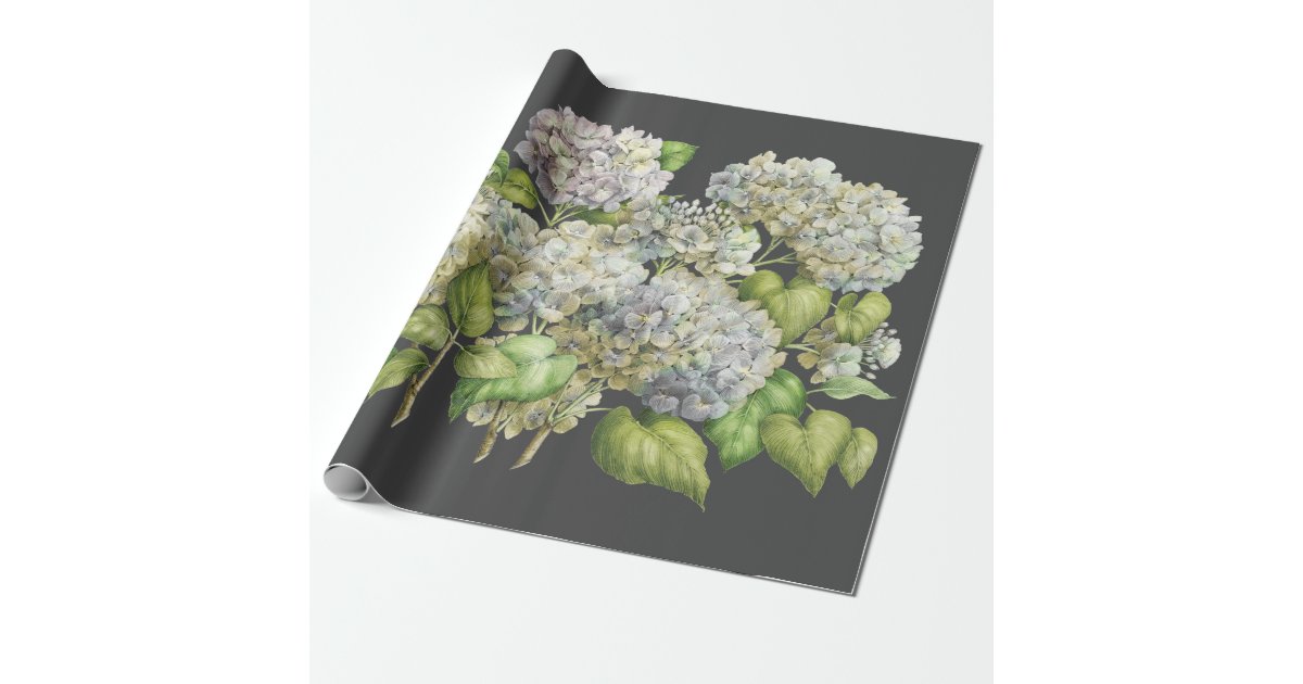 Floral Elegant Blue Hydrangea Black Decoupage Wrapping Paper | Zazzle