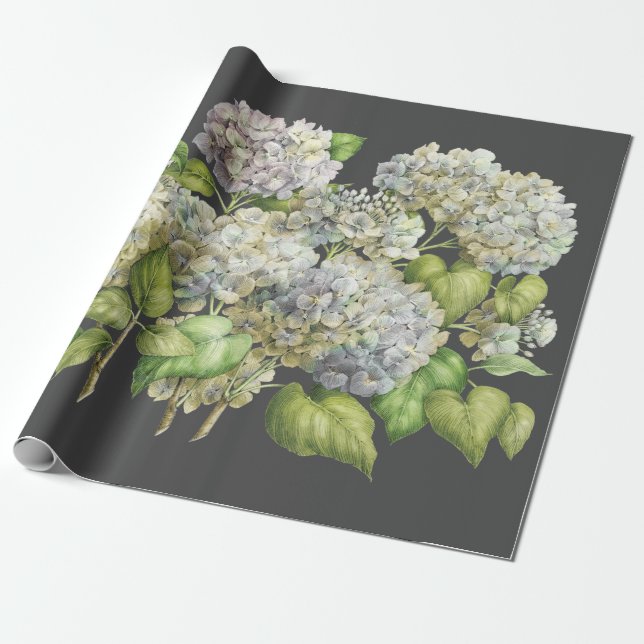 Floral Elegant Blue Hydrangea Black Decoupage Wrapping Paper (Unrolled)