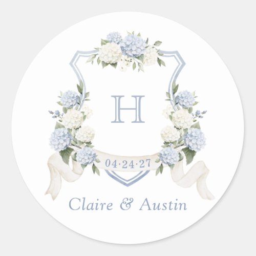 Floral Elegant Blue Hydrangea Crest Envelope Classic Round Sticker