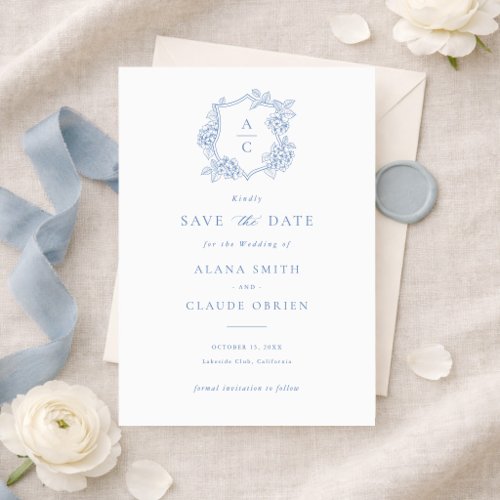 Floral Elegant Blue Hydrangea Crest Save the Date Invitation