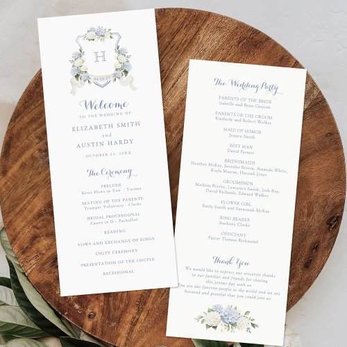 Floral Elegant Blue Hydrangea Crest Wedding Program