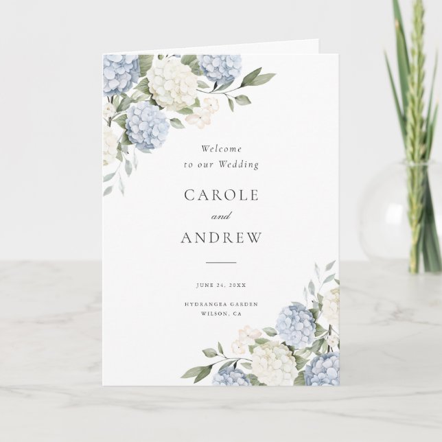 Floral Elegant Blue Hydrangea Folded Wedding Program (Front)