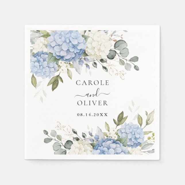 Floral Elegant Blue Hydrangea Greenery Wedding Napkins (Front)