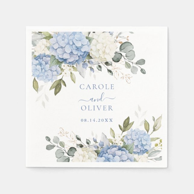 Floral Elegant Blue Hydrangea Greenery Wedding Napkins (Front)