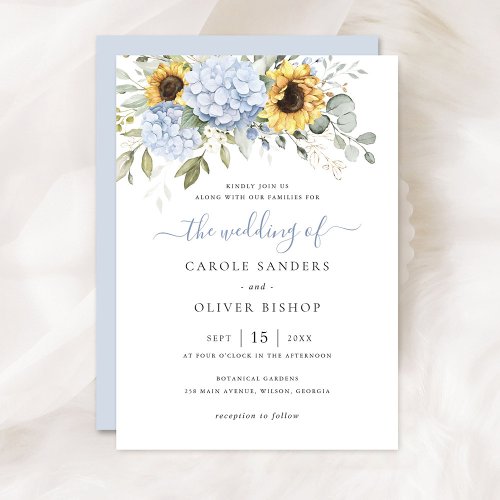 Floral Elegant Blue Hydrangea Sunflowers Wedding Invitation
