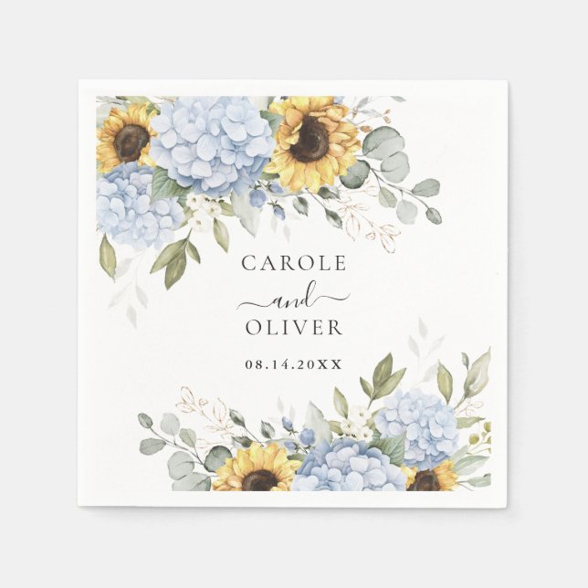 Floral Elegant Blue Hydrangea Sunflowers Wedding Napkins (Front)