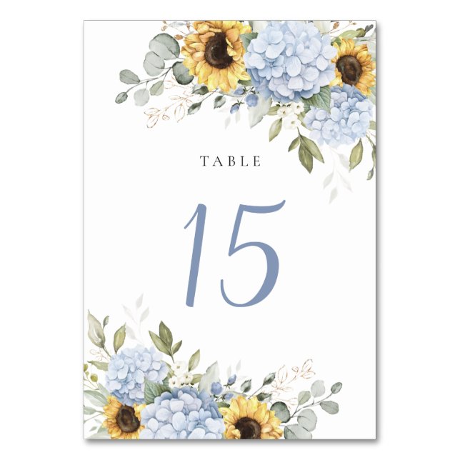 Floral Elegant Blue Hydrangea Sunflowers Wedding Table Number (Front)