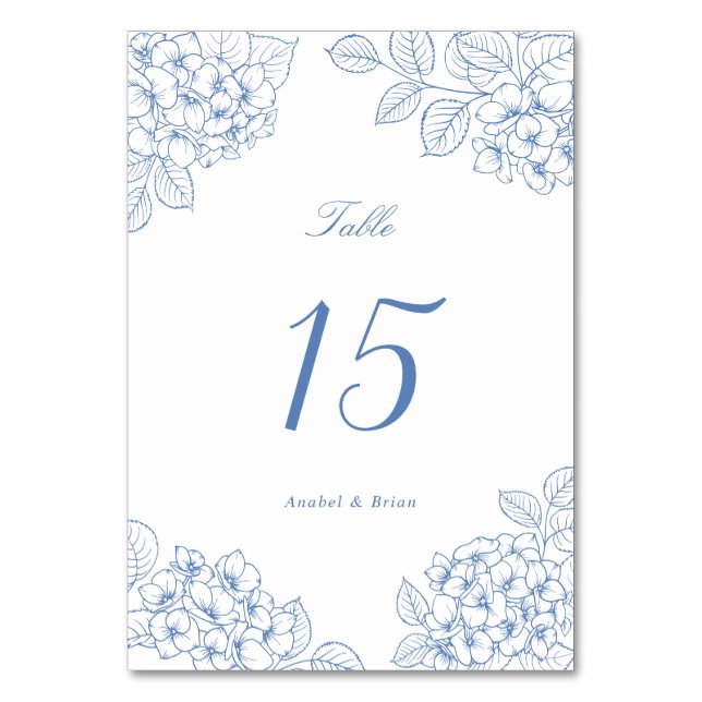 Floral Elegant Blue Hydrangea Wedding Table Number (Front)