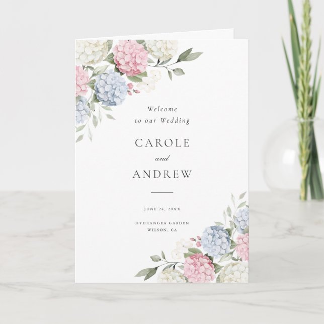 Floral Elegant Blue Pink Hydrangea Folded Wedding Program (Front)
