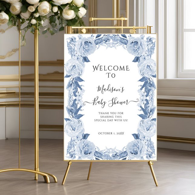 Floral Elegant Blue White Baby Shower Welcome  Foam Board (Creator Uploaded)