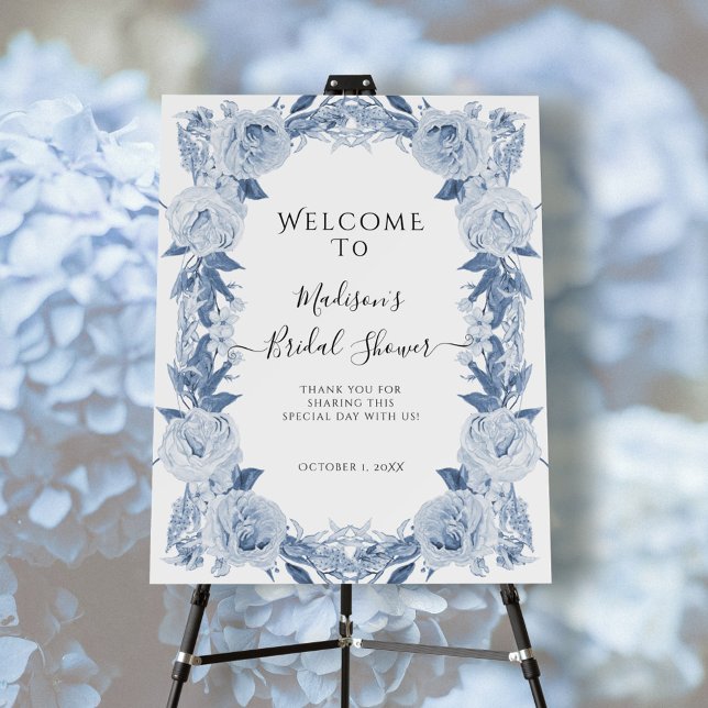 Floral Elegant Blue White Bridal Shower Welcome  Foam Board (Creator Uploaded)