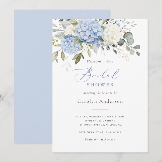Floral Elegant Blue White Hydrangea Bridal Shower Invitation (Front/Back)