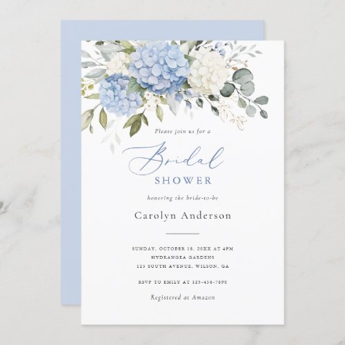 Floral Elegant Blue White Hydrangea Bridal Shower Invitation