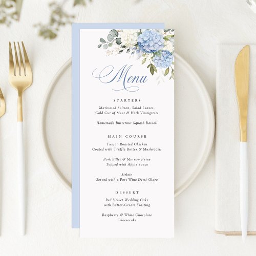 Floral Elegant Blue White Hydrangea Wedding Menu