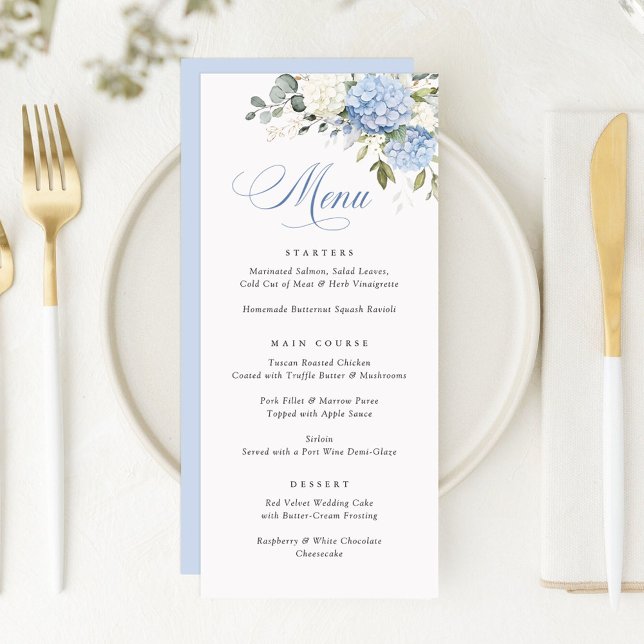 Floral Elegant Blue White Hydrangea Wedding Menu (Creator Uploaded)