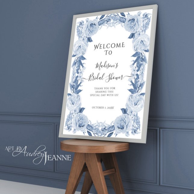 Floral Elegant Blue White Welcome Bridal Shower Faux Canvas Print (Creator Uploaded)