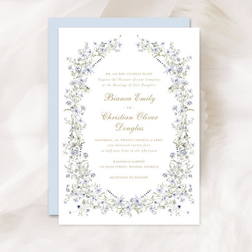 Floral Elegant Blue Wildflowers Wreath Wedding Invitation