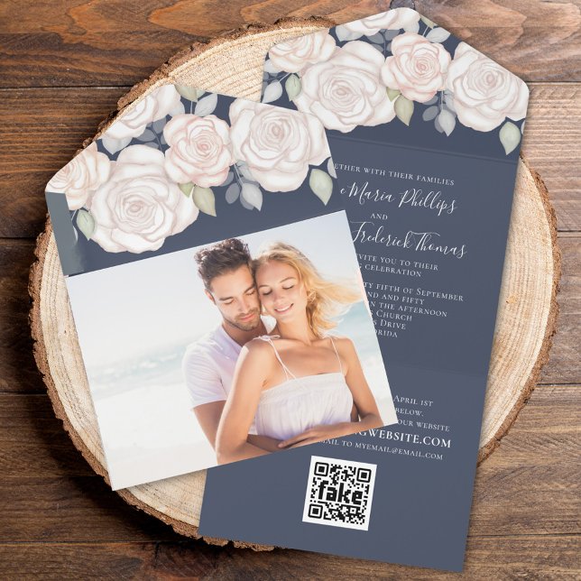 Floral Elegant Blush Blue Photo | QR Code Details All In One Invitation (Dark blue blush pink floral all in one wedding invitation.)