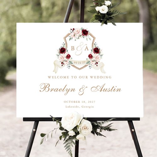 Floral Elegant Blush Burgundy Crest Welcome Sign