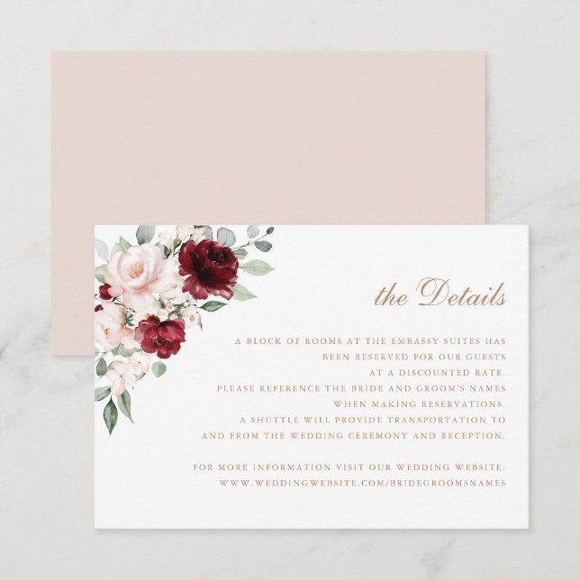 Floral Elegant Blush Burgundy Wedding Details Invitation (Front/Back)