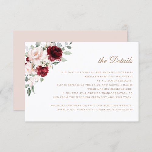 Floral Elegant Blush Burgundy Wedding Details Invitation