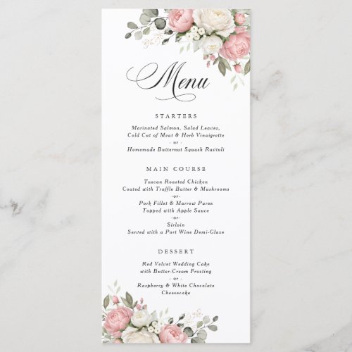 Floral Elegant Blush Pink Greenery Wedding Menu