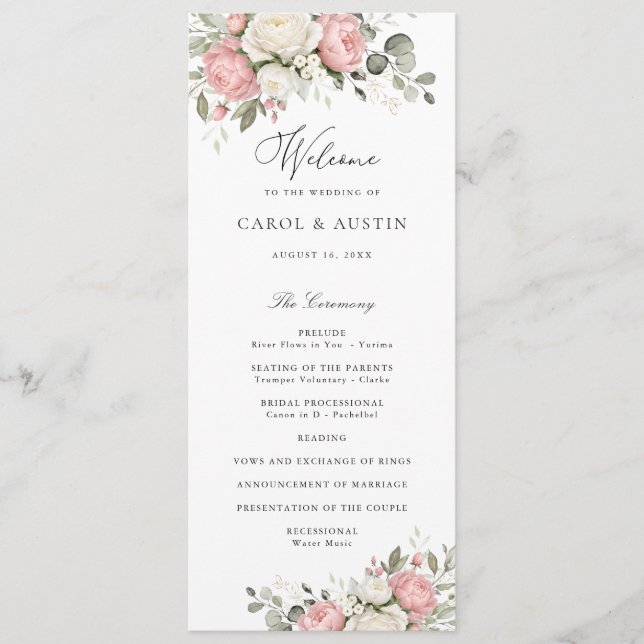 Floral Elegant Blush Pink Greenery Wedding Program (Front)