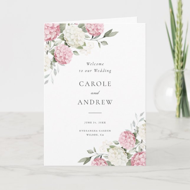 Floral Elegant Blush Pink Hydrangea Folded Wedding Program (Front)