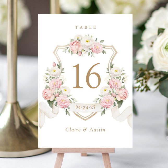 Floral Elegant Blush Roses Crest Table Number (Creator Uploaded)