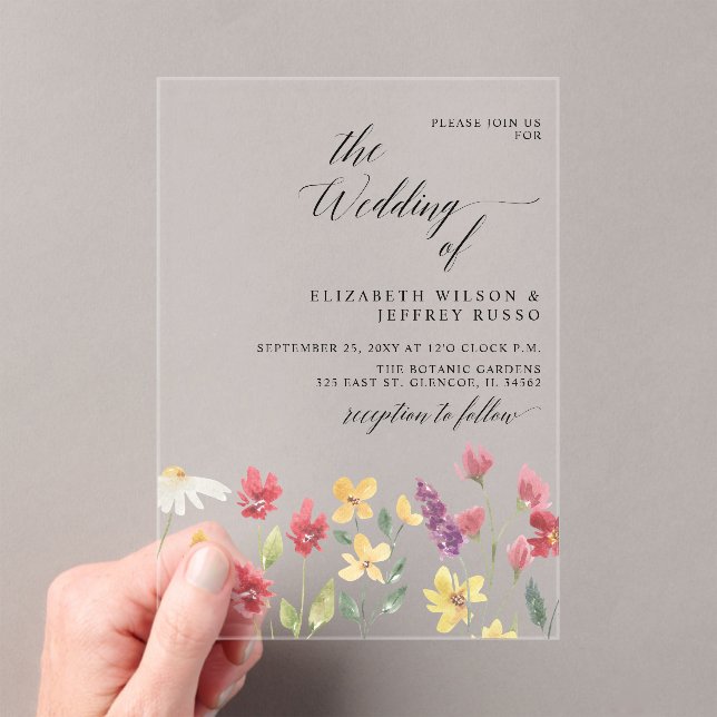 Floral Elegant Boho Summer Wildflowers Wedding Acrylic Invitations (Insitu (Handheld))