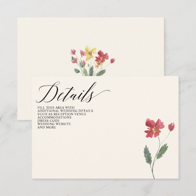 Floral Elegant Boho Summer Wildflowers Wedding Enclosure Card (Front/Back)