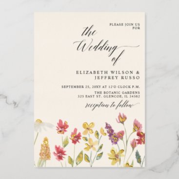 Floral Elegant Boho Summer Wildflowers Wedding Foil Invitation