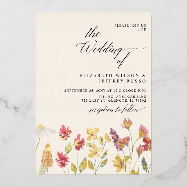 Floral Elegant Boho Summer Wildflowers Wedding Foil Invitation (Front)