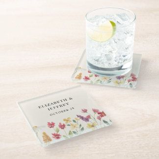 Floral Elegant Boho Summer Wildflowers Wedding Glass Coaster